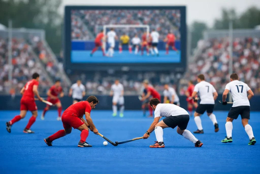 Internationaal veldhockeytoernooi in een vol stadion met nationale vlaggen langs het veld