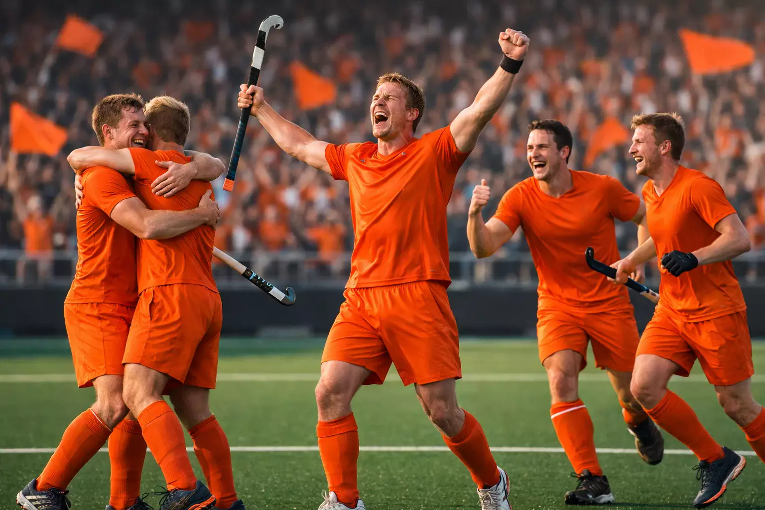 Nederlands hockeyteam viert een doelpunt in oranje shirts